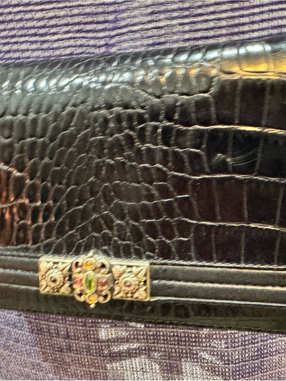 Brighton Black Croc-Embossed Crossbody with Jeweled Gold-Tone Clasp